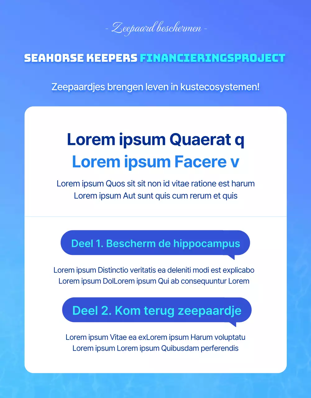 Zeepaardjes, het bedreigde zeedier in het blauwe, koele waterDetails over financiering voor het behoud van zeepaardjes