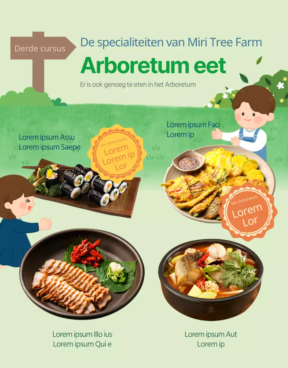 Arboretum postzegeltocht met schattige kinderillustraties