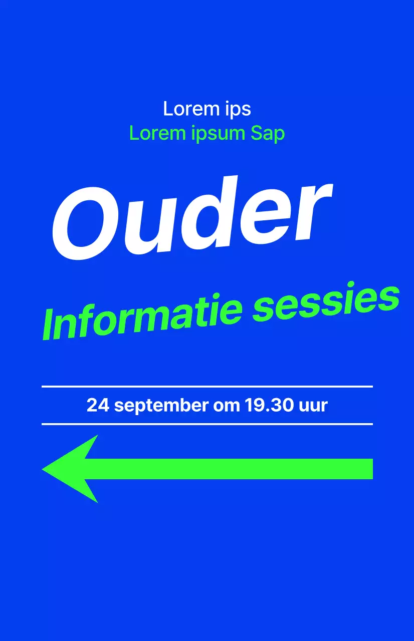 Een informatiesessie voor ouders van een academie voor middelbare scholieren, met tekst in blauw en fluorescerende accentkleuren.