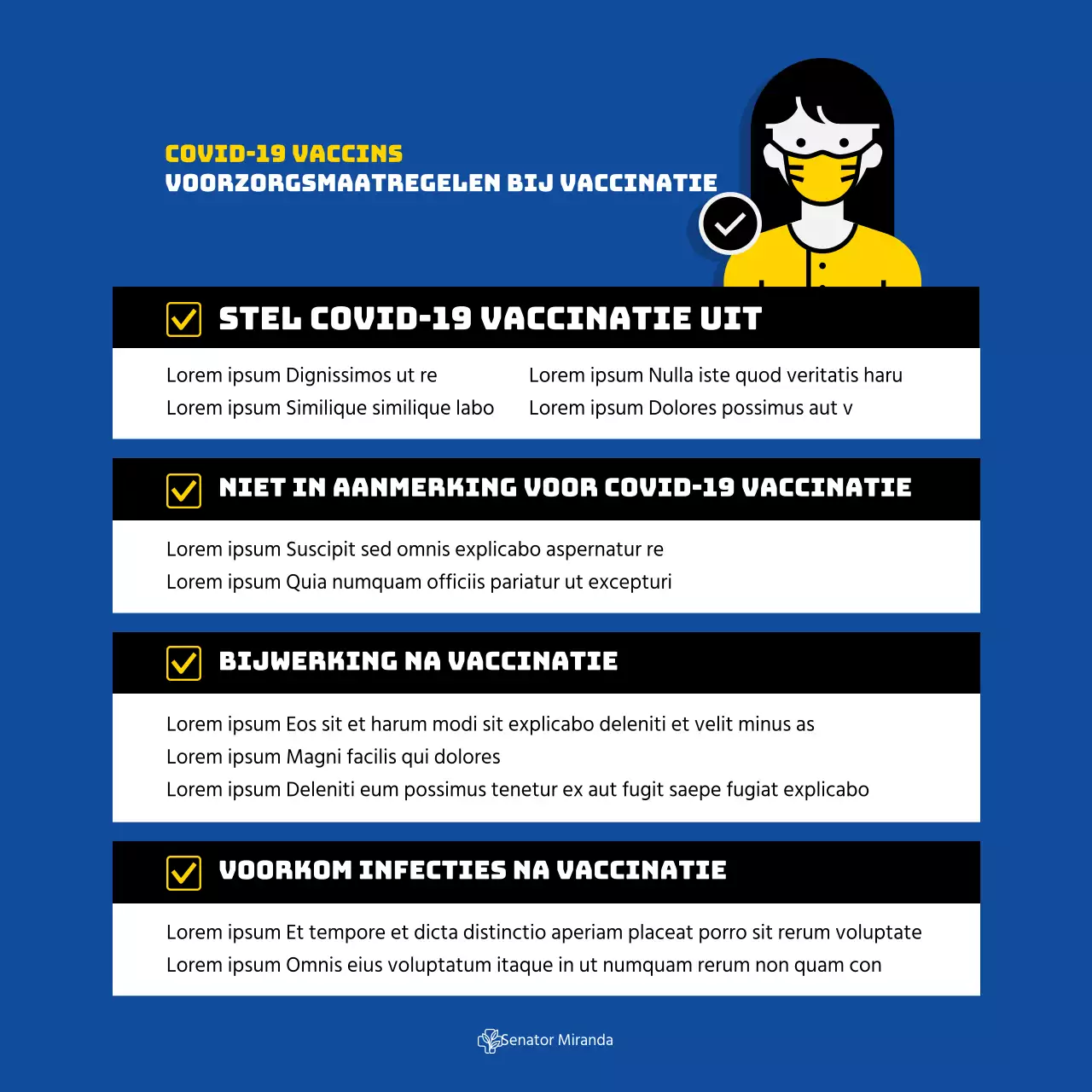 Coronavirusvaccinatie vierkante poster met illustratie en tabel in blauwe tinten.