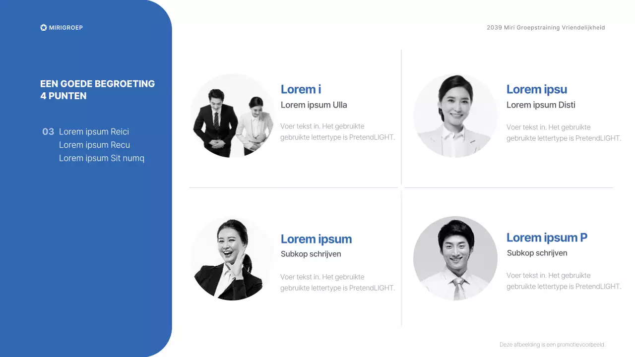 Trainingsseminar over vriendelijkheid voor winkelpersoneel van de Miri Group in blauw en grijs CS Handboek Begroetingsetiquette