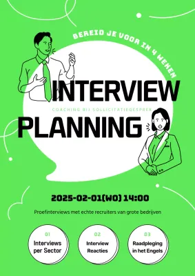 Eenvoudige lijnillustratie met een limoengroen en wit communicatieconcept om het interviewprogramma te promoten.