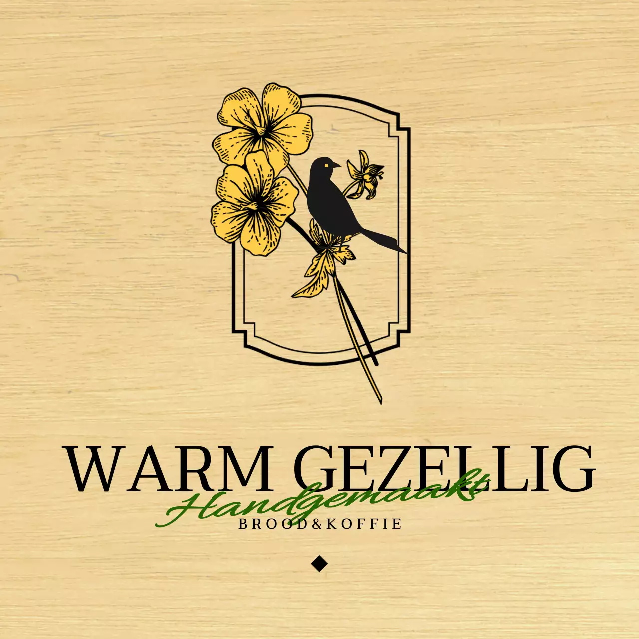 Emotioneel bakkerijcafé-ontwerp met zwarte en gele bloem- en vogelillustraties