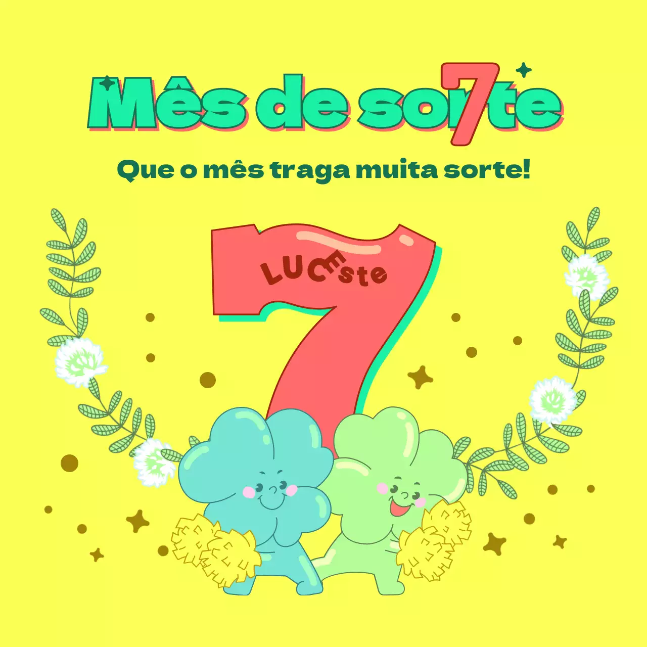 Tema amarelo de boa sorte com ilustrações de personagens brilhantes e engraçadas