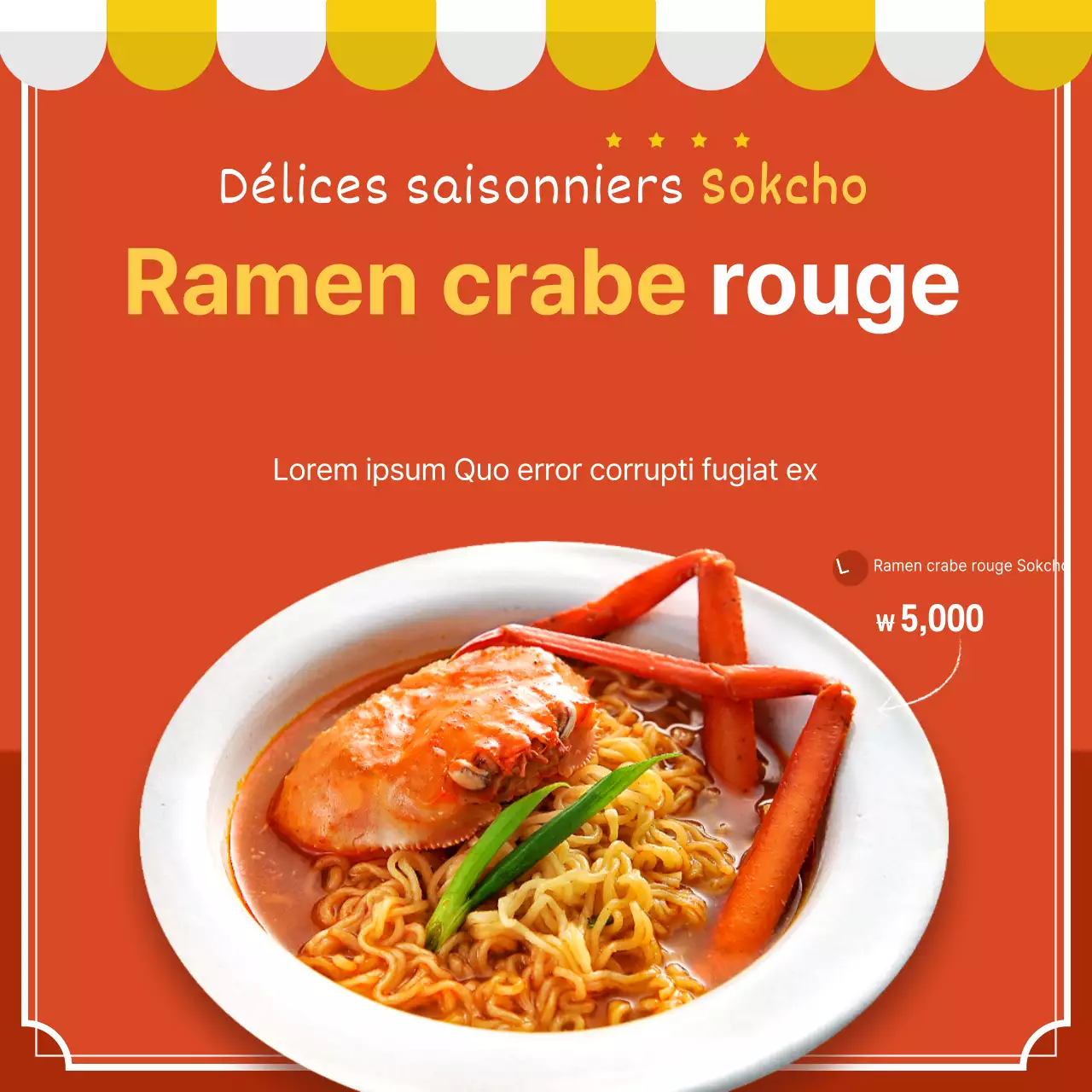 Guide alimentaire pour les ramen au crabe orange et jaune, blanc et rouge pur