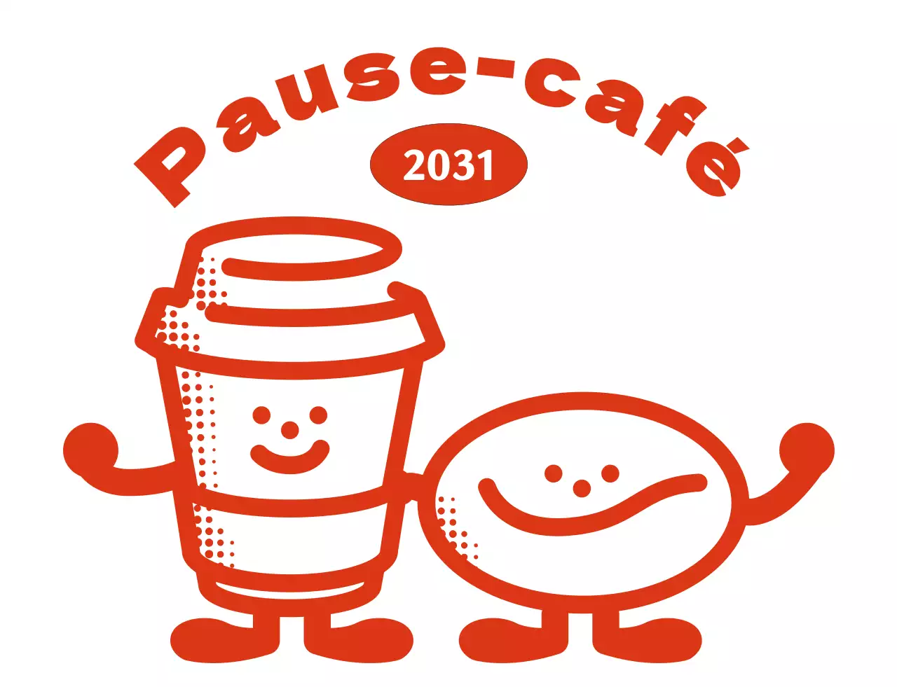 Un café avec un logo en texte rouge et un mignon personnage de café