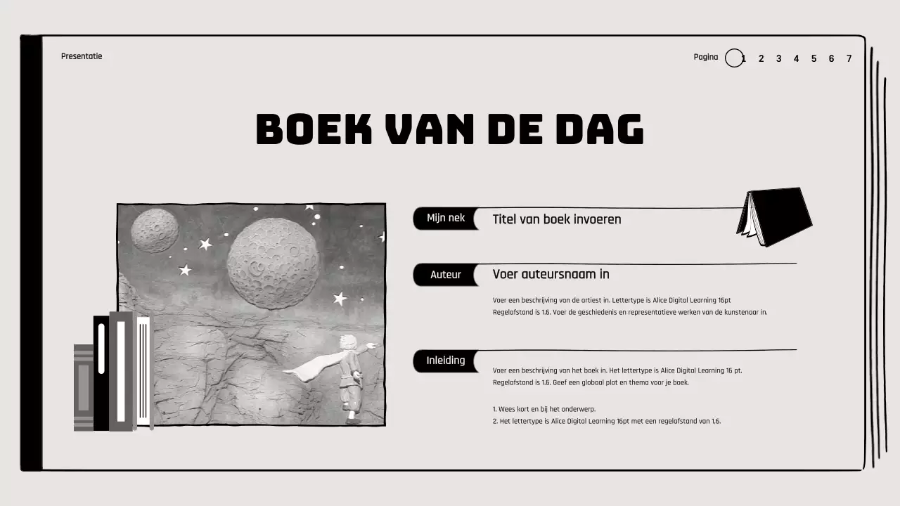 Boekbespreking in klaslokaal met illustraties van tekeningen in beige en zwart