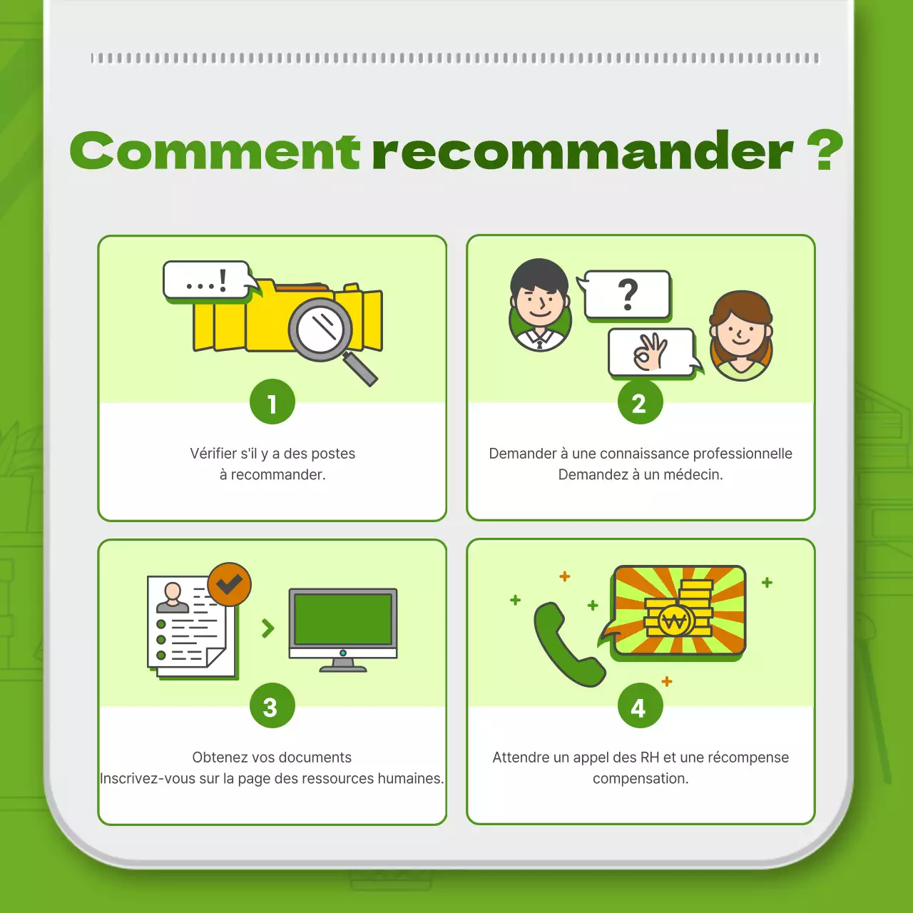 Illustration verte simple et carte d'employé en 3D pour présenter le système d'orientation interne.