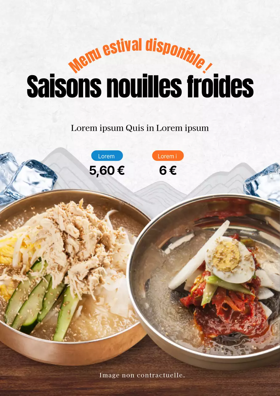Affiche promotionnelle marron et bleue pour un menu estival de blé froid.