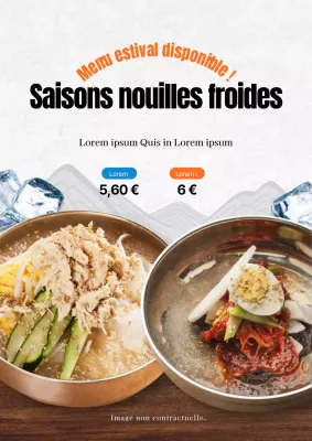Affiche promotionnelle marron et bleue pour un menu estival de blé froid.