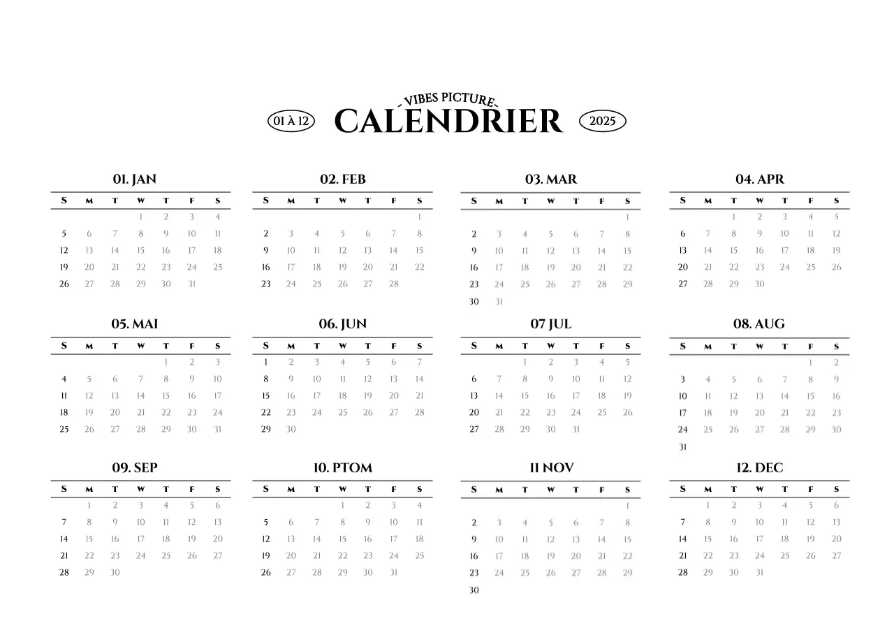 Calendrier mural de style simple avec un concept de photographie de voyage émotionnelle en noir et blanc