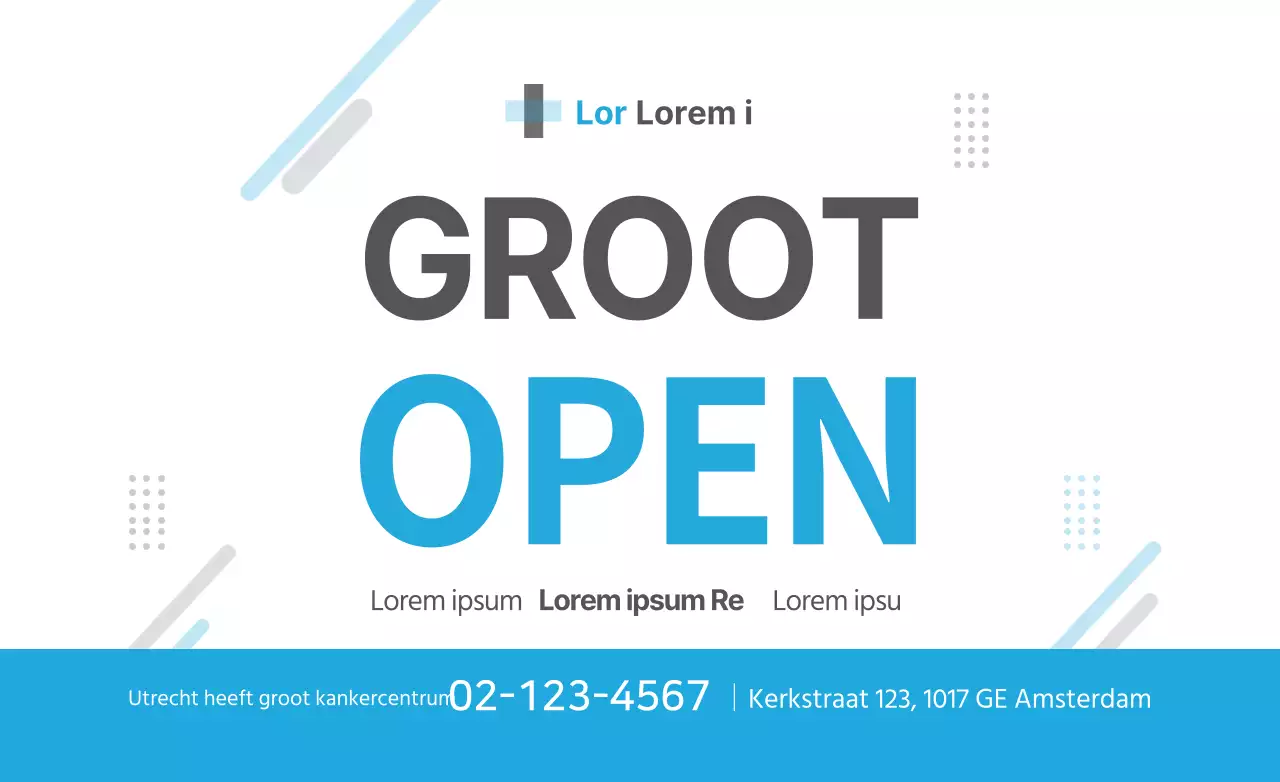 Eenvoudige tekstopmaak in lichtblauw en zwart voor aankondigingen van ziekenhuisopeningen