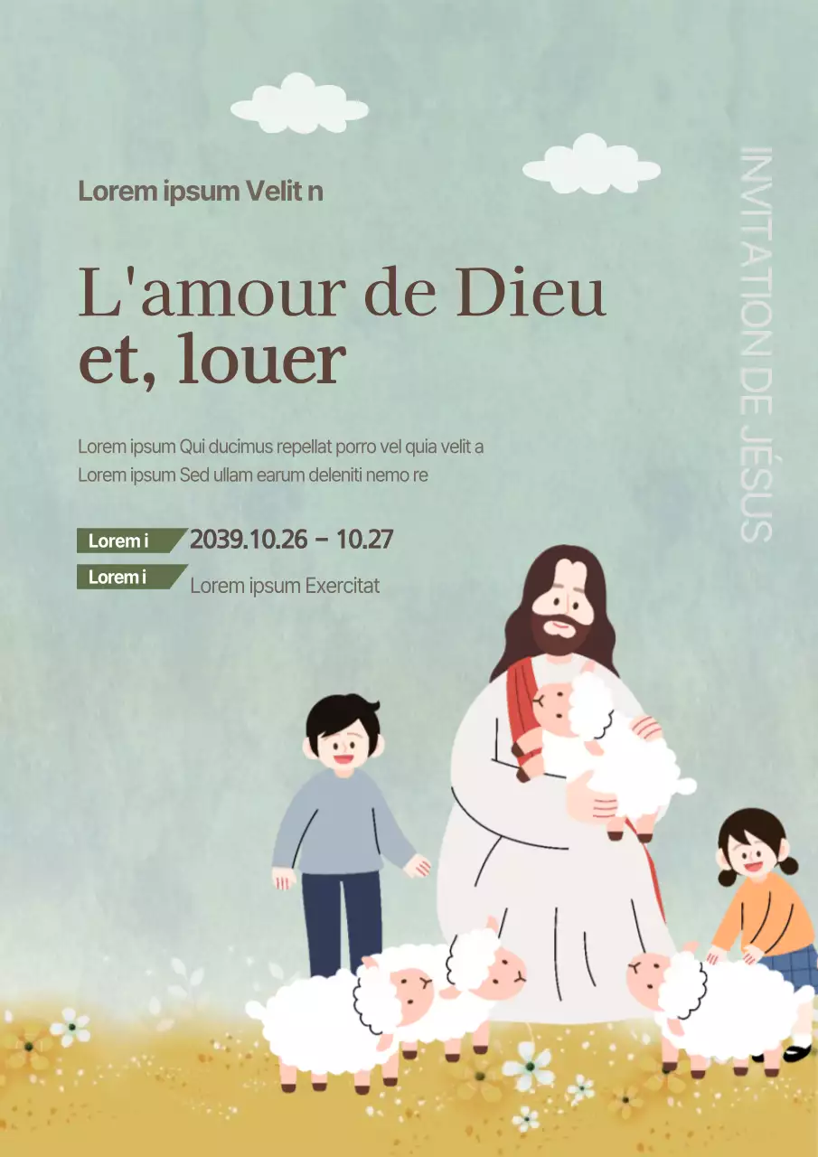 Promouvoir un festival d'église avec une illustration de Jésus et d'enfants en bleu clair.