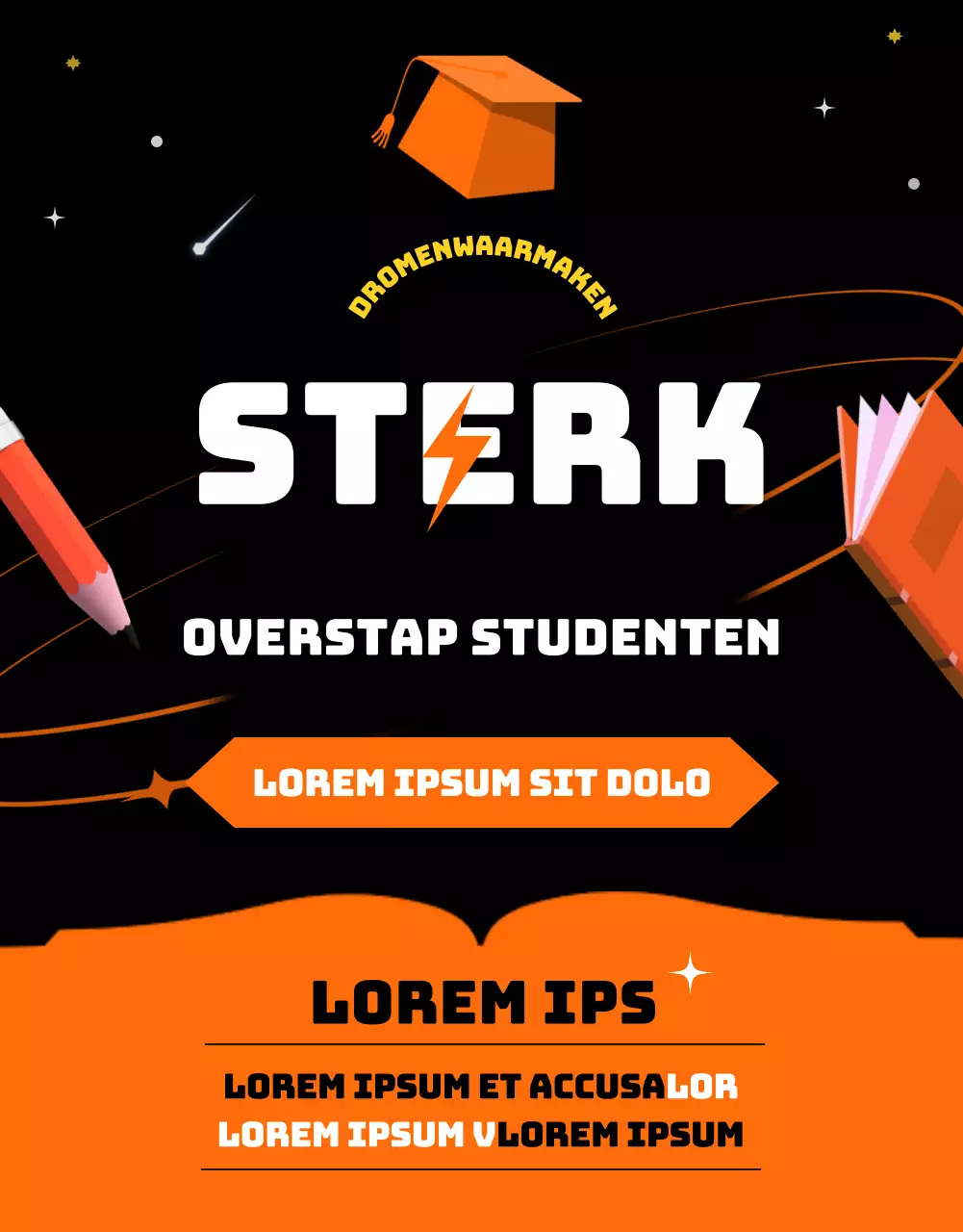 Een ruimteconcept met oranje accenten Introduceert een unieke en leuke overdrachtschool