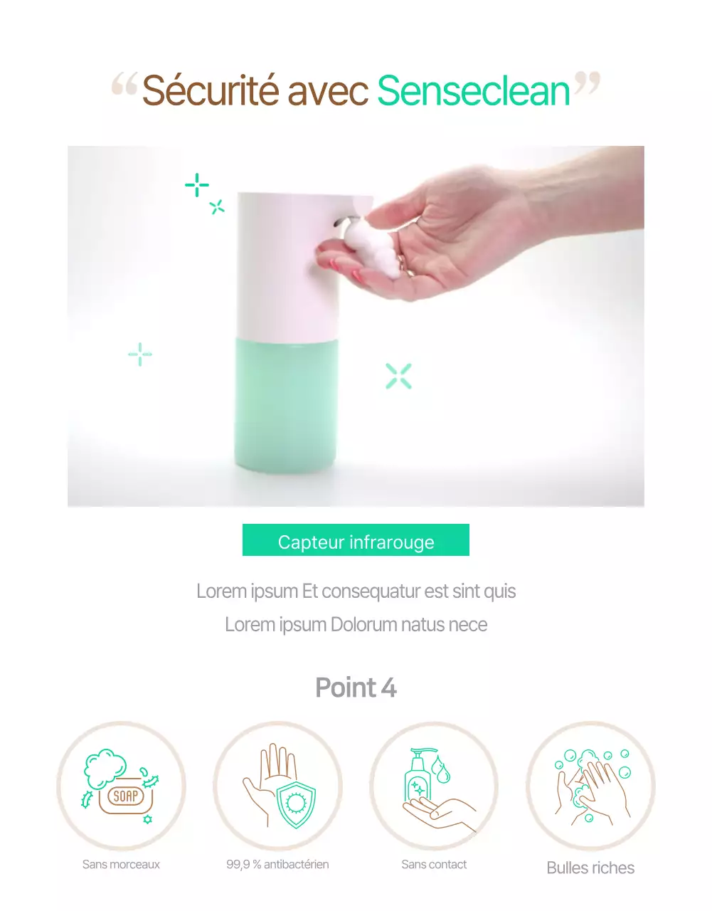 Page de vente électronique d'un simple désinfectant pour les mains de couleur menthe