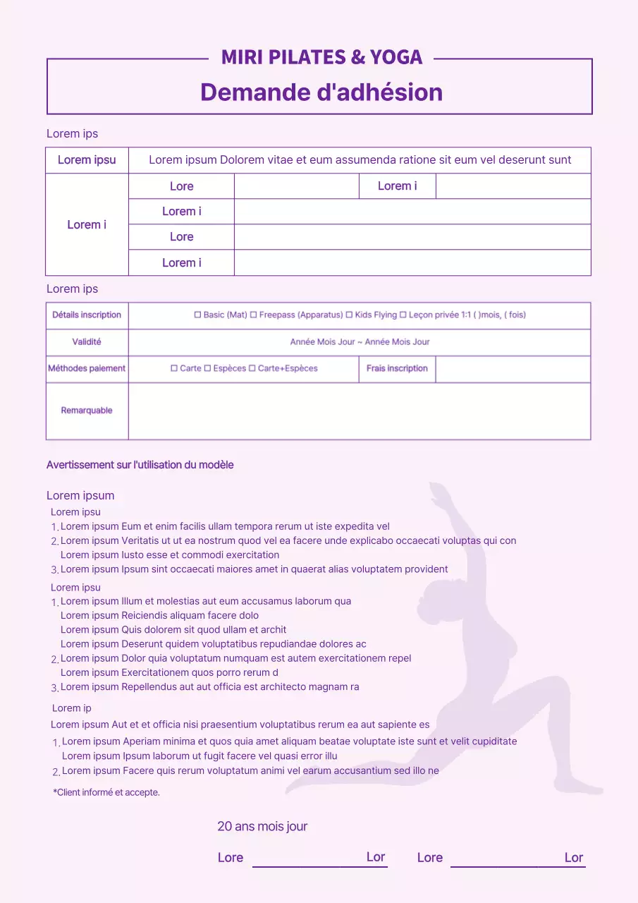 Mauve Pilates Yoga Formulaire de demande d'adhésion Contrat Leçons d'entraînement Conditions d'adhésion