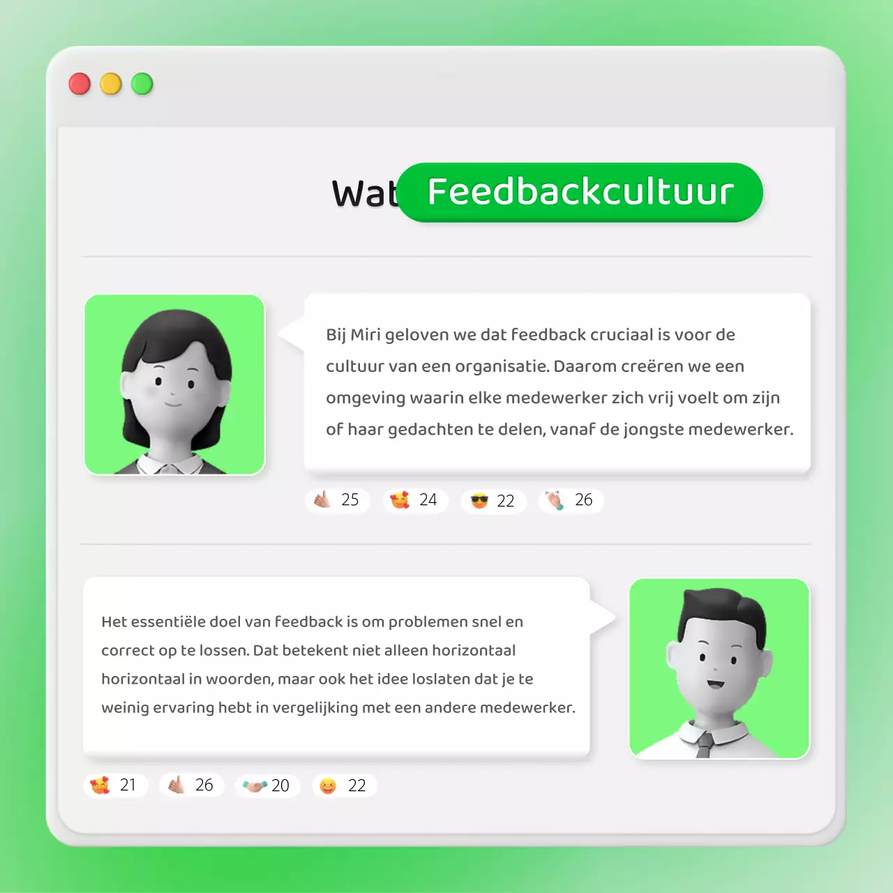 Zakelijke feedback op een neongroen intern chatvensterconcept