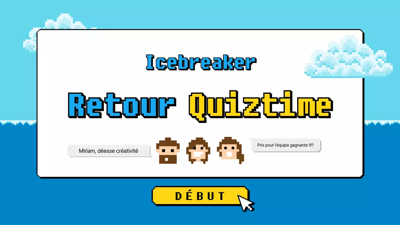 Jeu-questionnaire d'atelier à l'ambiance pixelisée bleue et jaune
