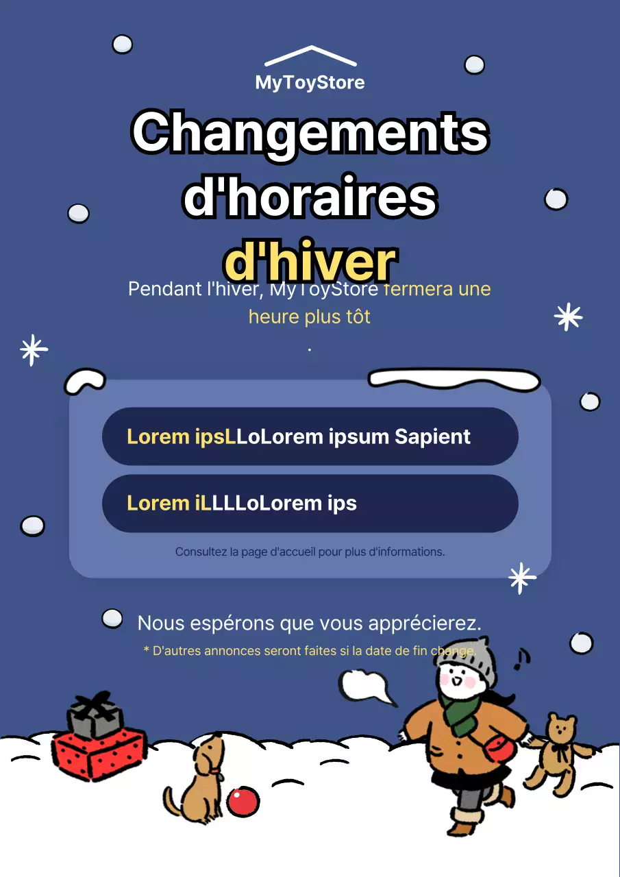 Illustration mignonne de l'hiver dans les tons bleus Heures d'ouverture de l'hiver Avis de changement Avis opérationnel webposter
