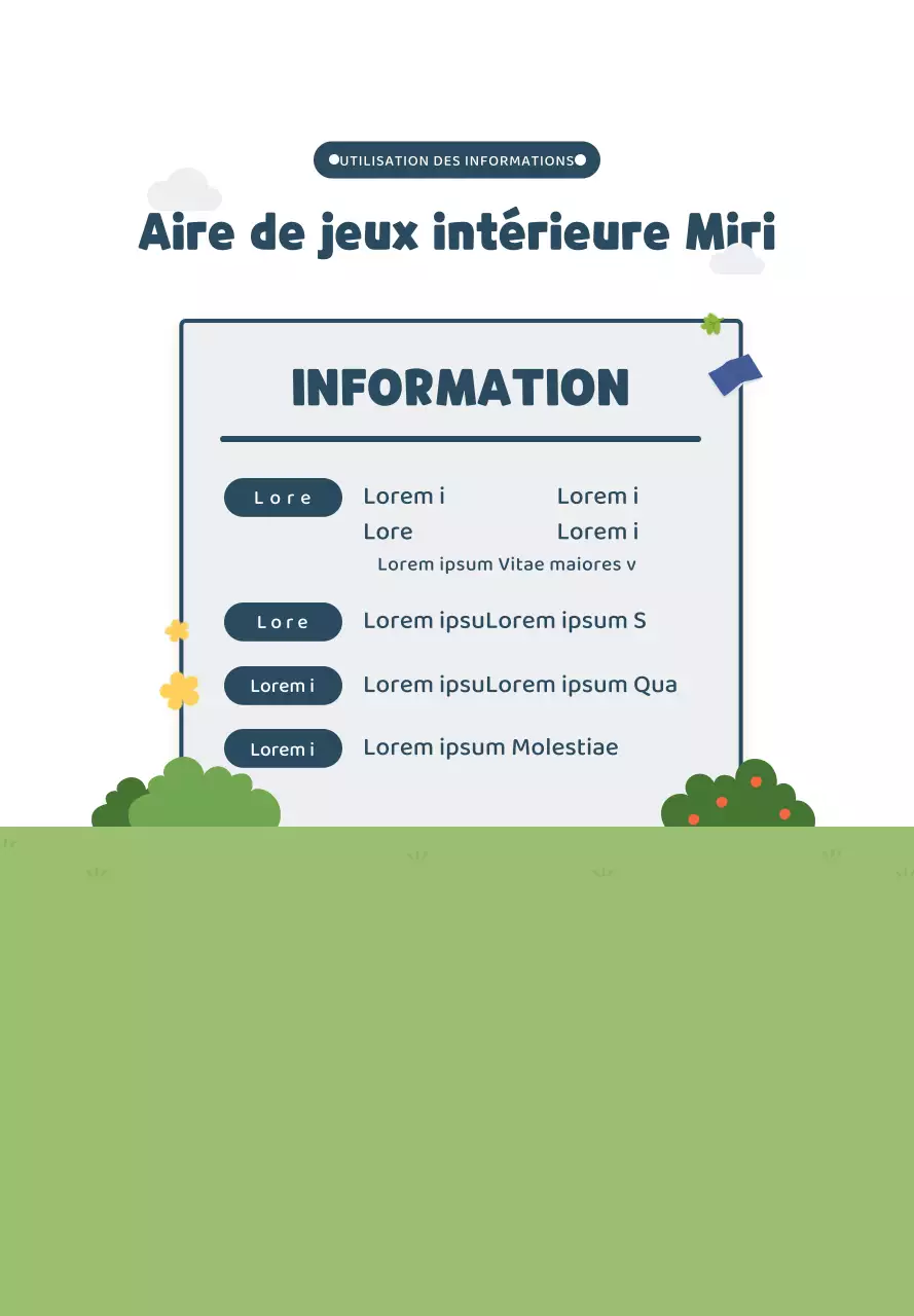 Illustration mignonne en bleu marine et vert Informations sur les aires de jeux intérieures