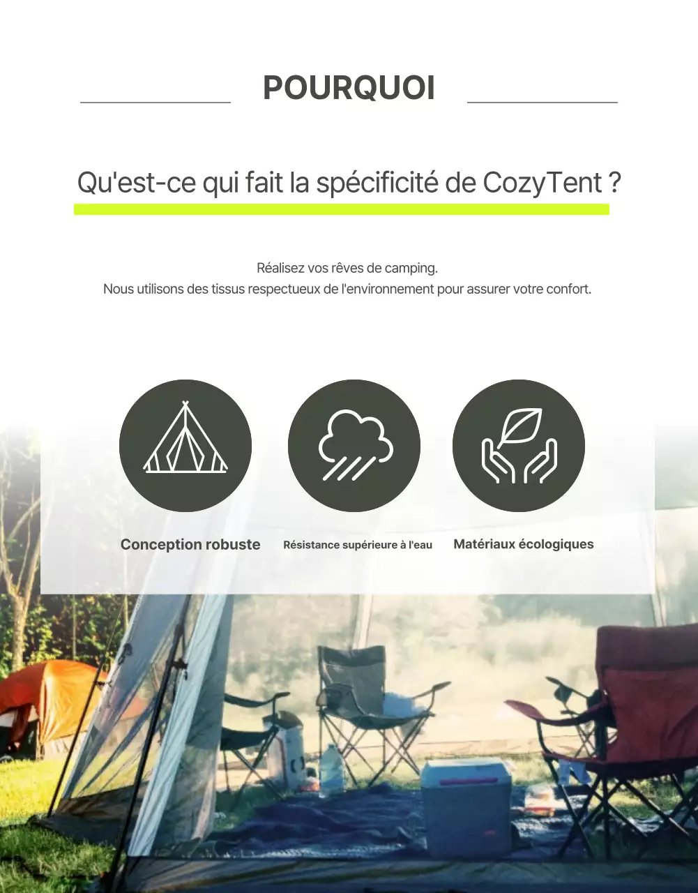 Tente dôme Wadiz avec un agencement épuré en vert fluorescent