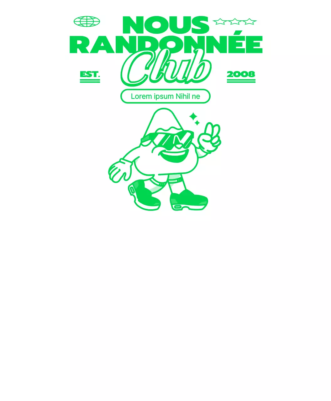 T-shirt de groupe en vert et blanc représentant un personnage de montagne.