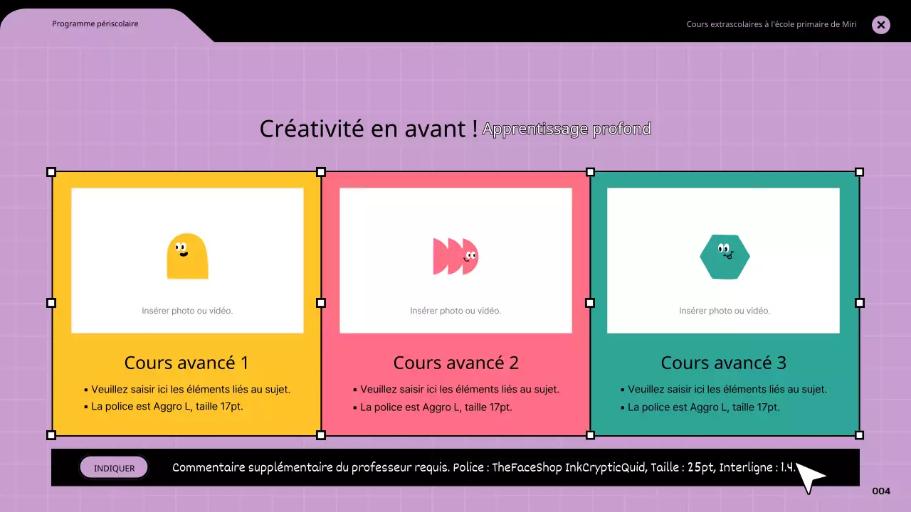 Leçons d'infographie dans des cadres de navigation colorés