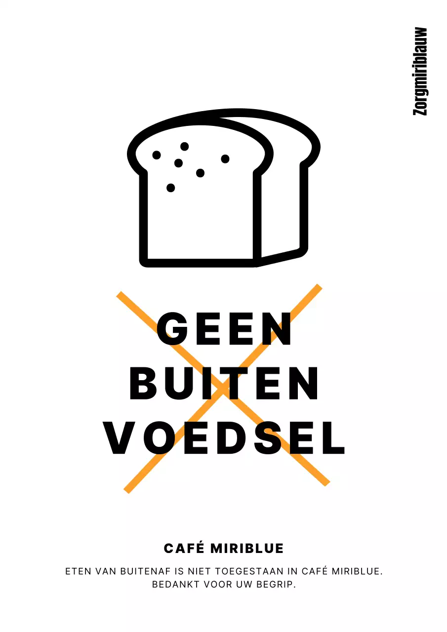 Een eenvoudig wit en zwart bord dat eten buiten cafés verbiedt