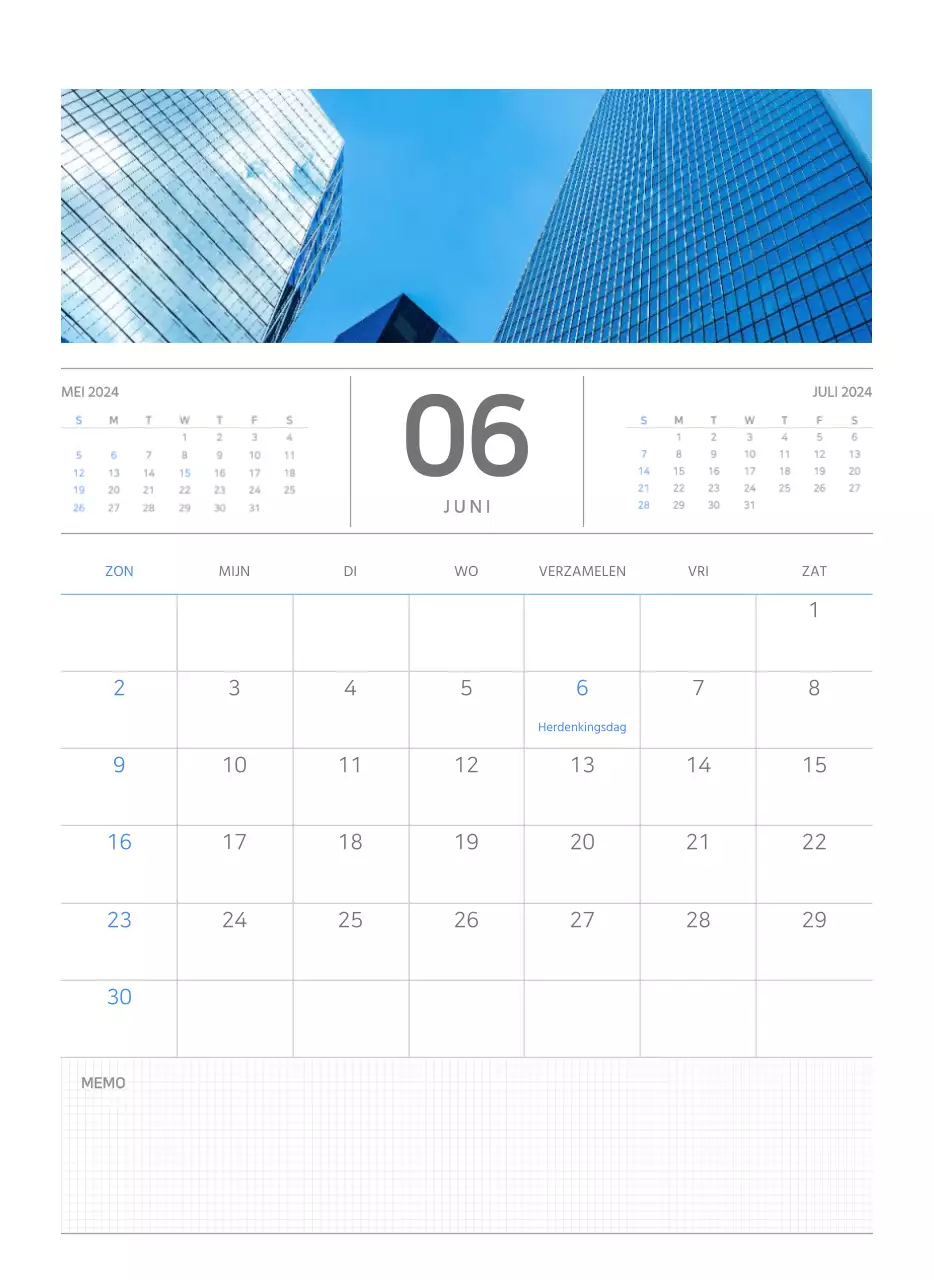 Eenvoudige zakelijke conceptmuurkalender in blauw en wit