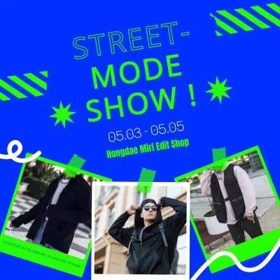Promouvoir un défilé de mode de rue dans un style photographique bleu et chartreuse