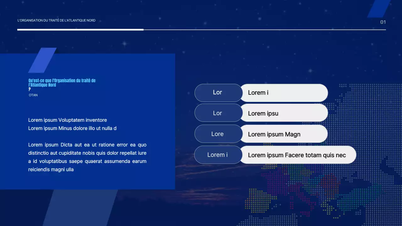 Présentation simple de l'Organisation du traité de l'Atlantique Nord en bleu