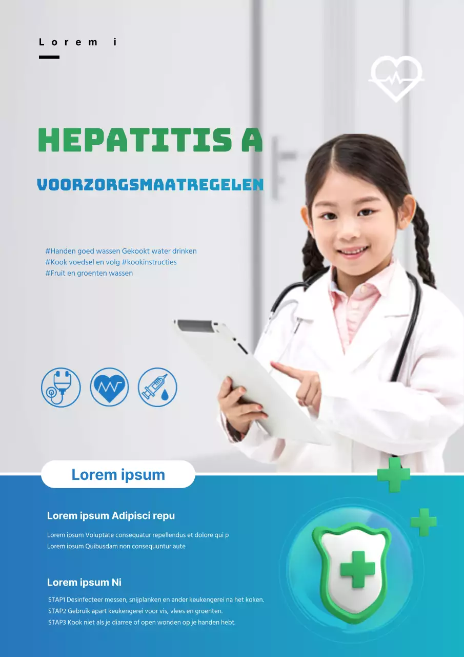 Een strakke, lichtblauwe en grijze flyer voor de Hepatitis A preventiecampagne voor een stijlvolle campagne.
