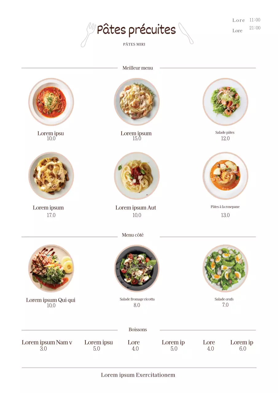 Prospectus simple et beige pour un restaurant de pâtes, recto-verso