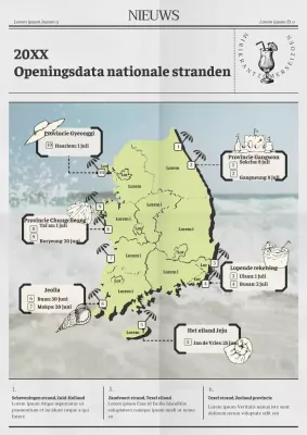 Openingsdata van nationale stranden met een grijze conceptkaart van Korea in krantenformaat