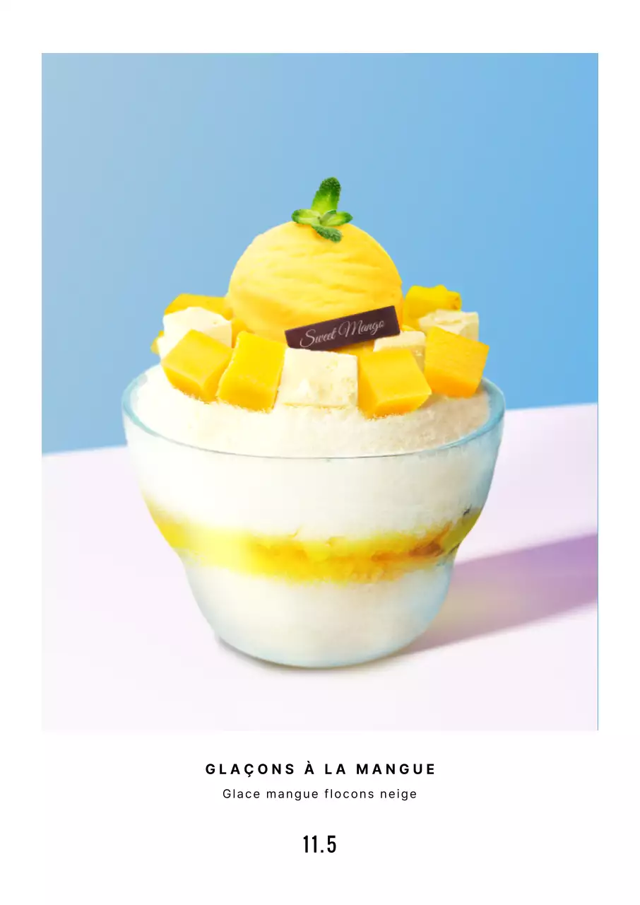 Glace rasée à la mangue, bleu clair et minimaliste