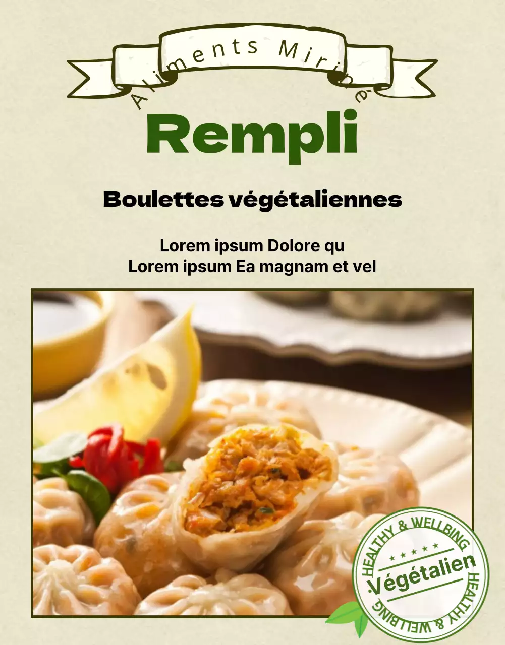 Page de détail du centre commercial avec boulettes végétaliennes vert olive