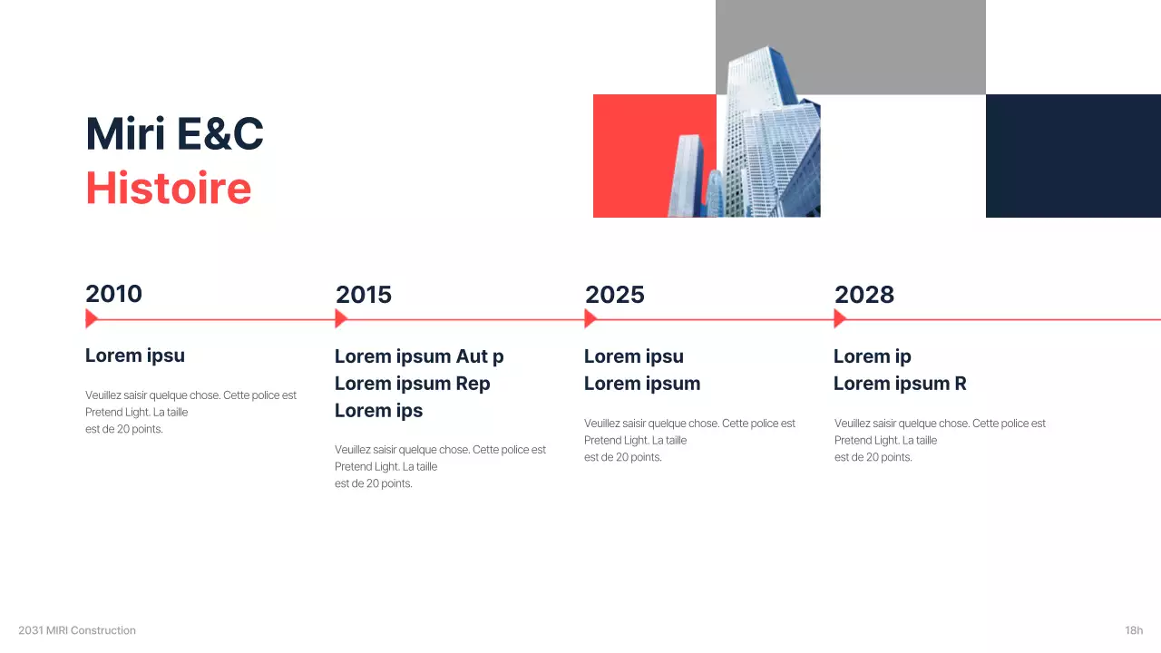 Le briefing d'une entreprise de construction pour un investissement avec un schéma de couleurs nettes de marine et de rouge.