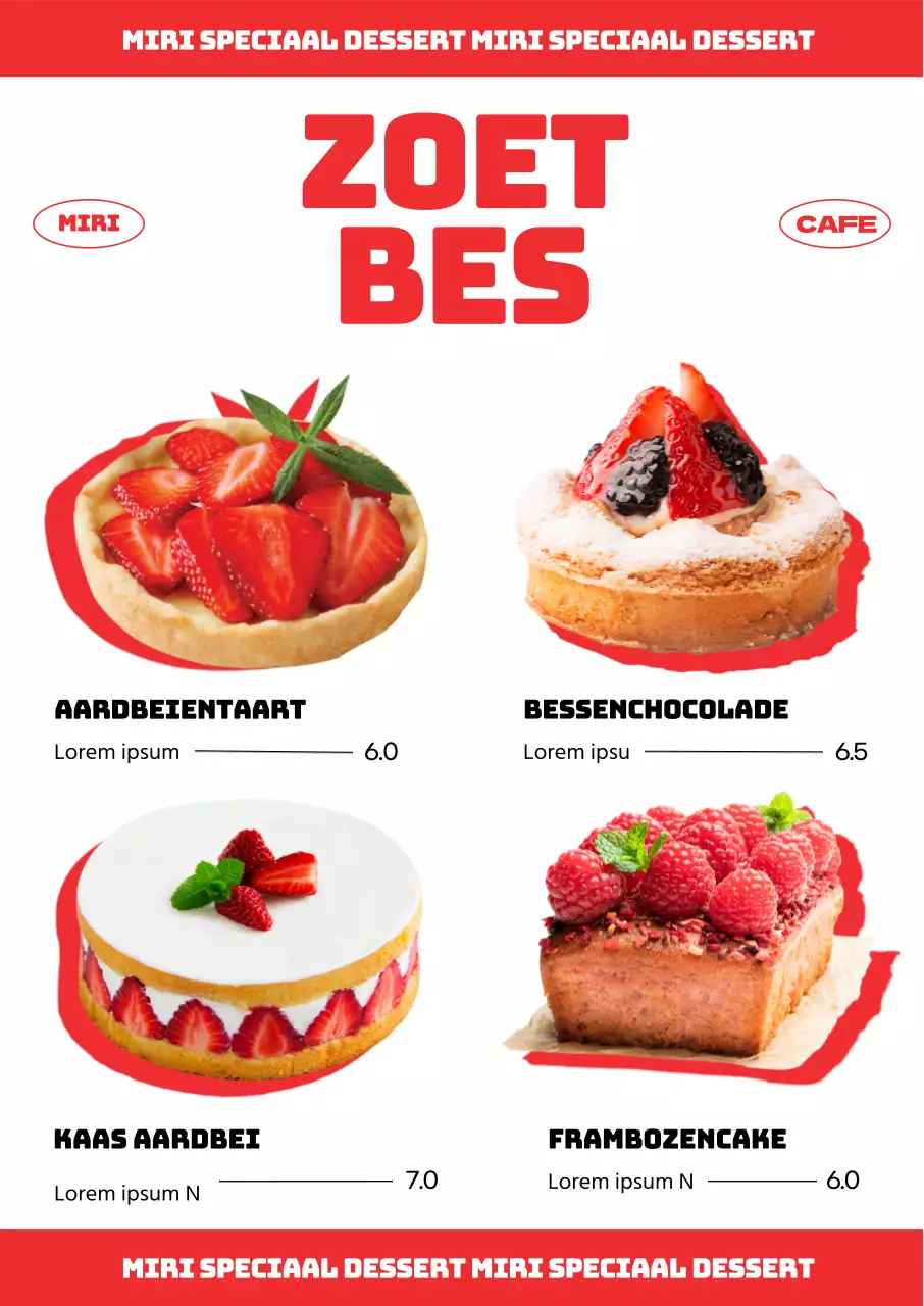 Trendy café dessertkaart met een verfrissende accentkleur rood en aardbeien dessertfoto's