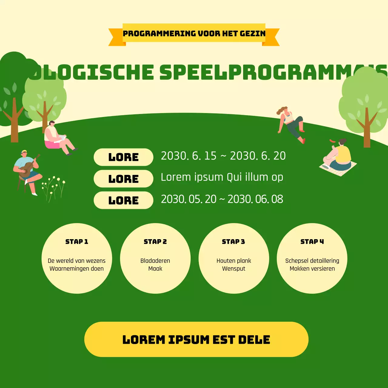 Geïllustreerd ecologisch speelprogramma in geel en groen