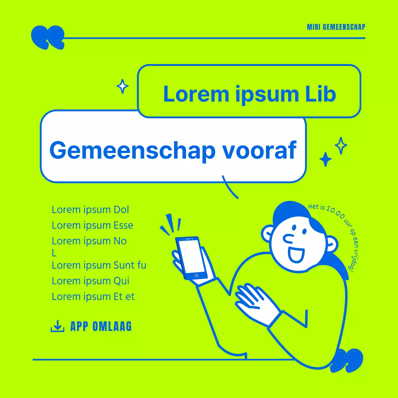 Promoot een minimalistische gemeenschap in fluorescerende en blauwe tinten