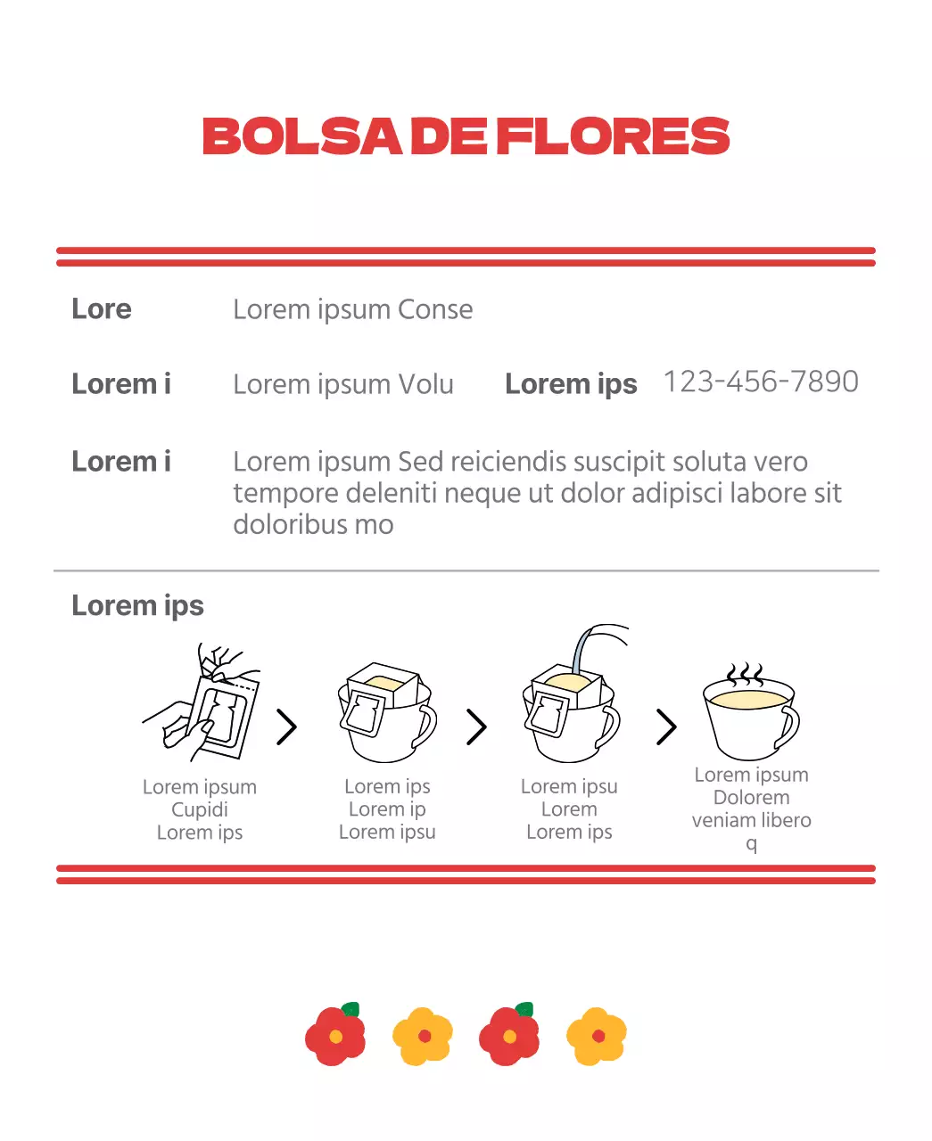 Bolsitas de té de flores con ilustraciones florales rojas y naranjas