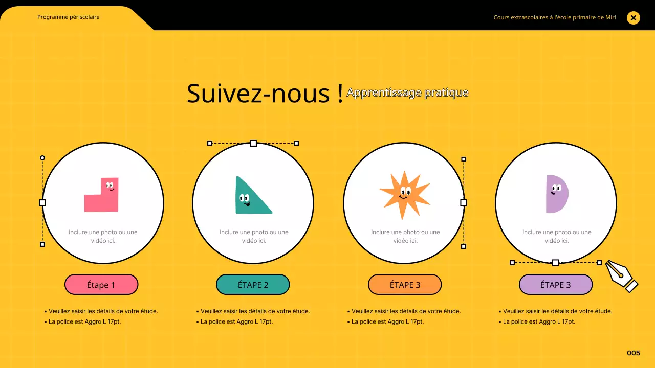 Leçons d'infographie dans des cadres de navigation colorés