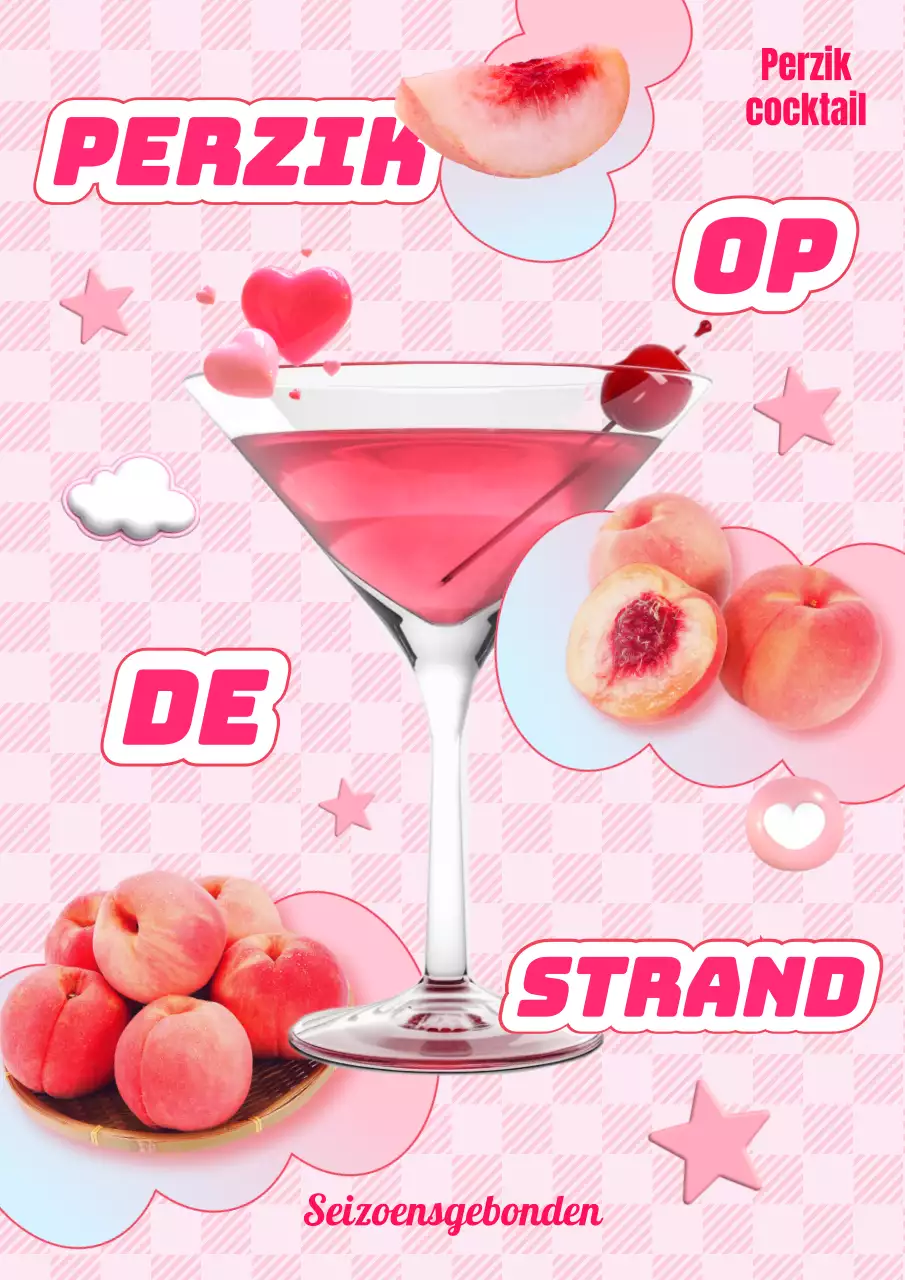 Kitscherige en schattige perzik cocktail promotiekunst met roze en lichtblauwe 3D emoji's