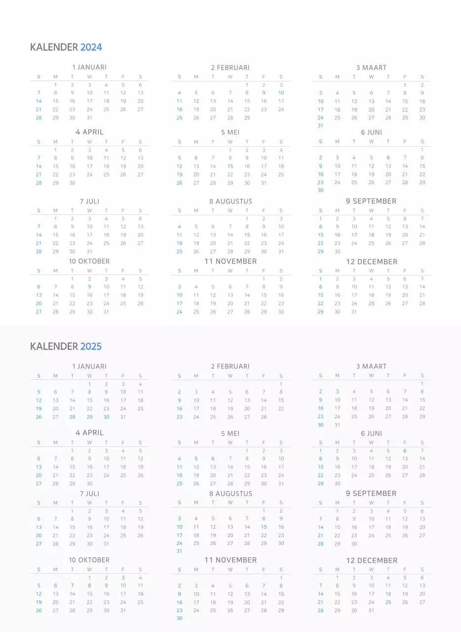 Eenvoudige zakelijke conceptmuurkalender in blauw en wit