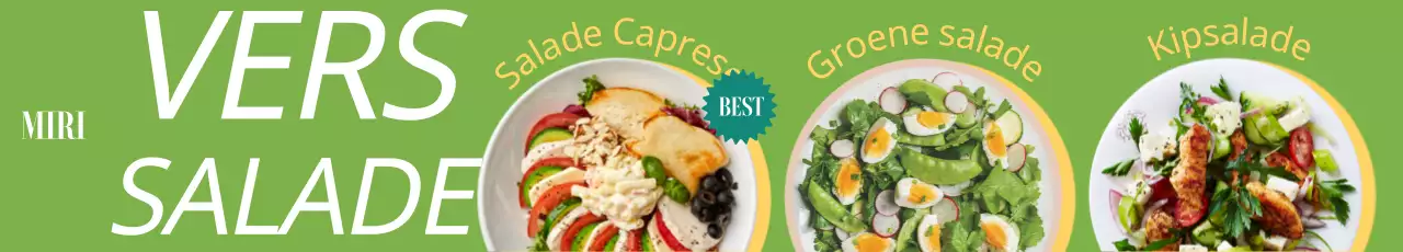 Een menu in brunchstijl met een vet, ritmisch lettertype en foto's van salades.