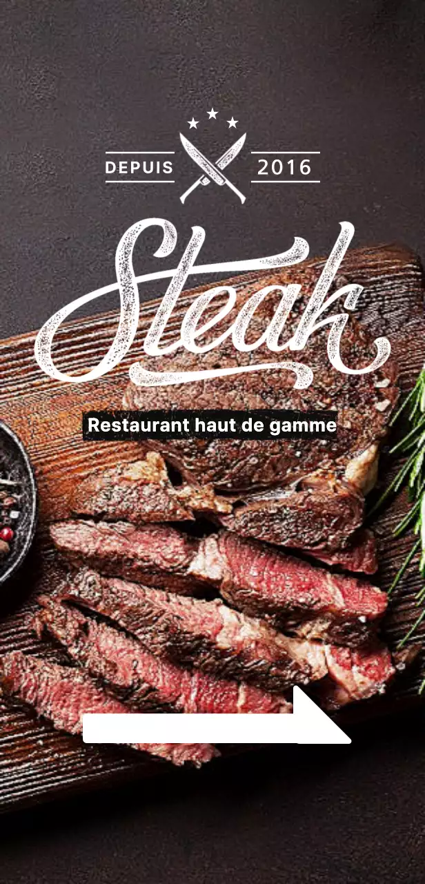 Bannière de restaurant avec une image d'un steak sur fond noir