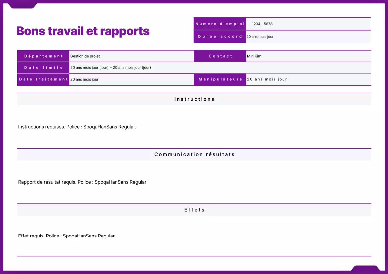 Concept de dossier simple en violet et blanc Instructions de travail et rapports de résultats