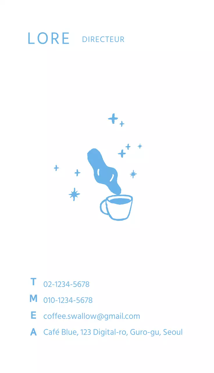 Lichtblauw met de hand getekend koffie-illustratie visitekaartje voor een cafe