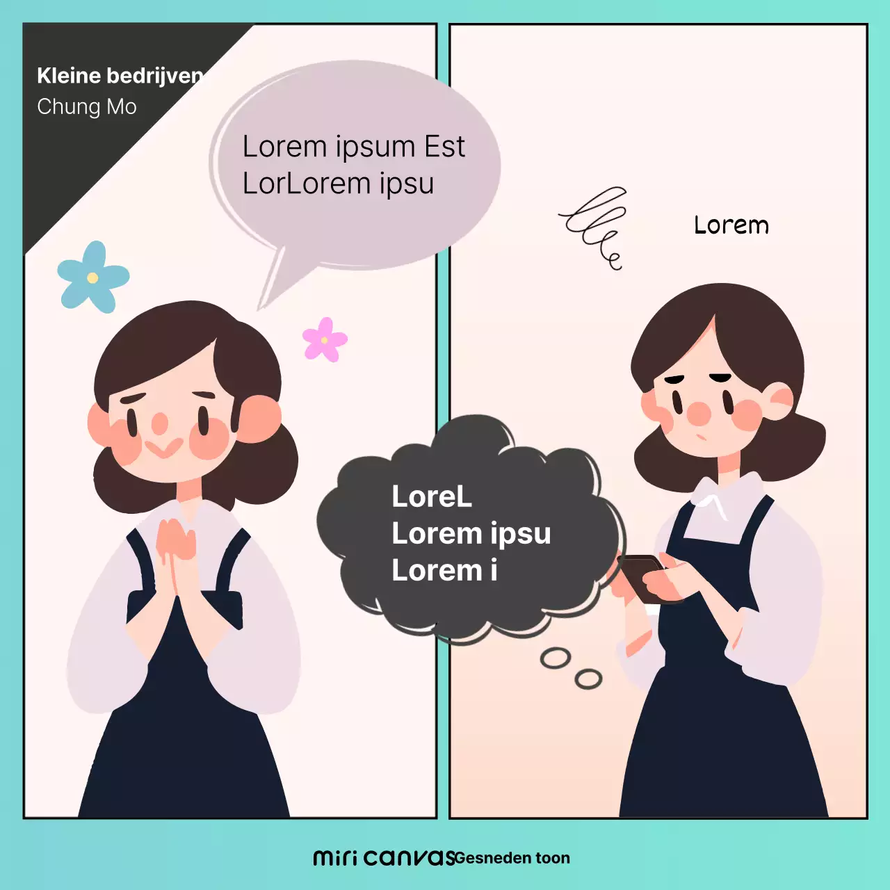 Promoot pre-canvas in webtoonstijl met een mintkleurige achtergrond en illustraties