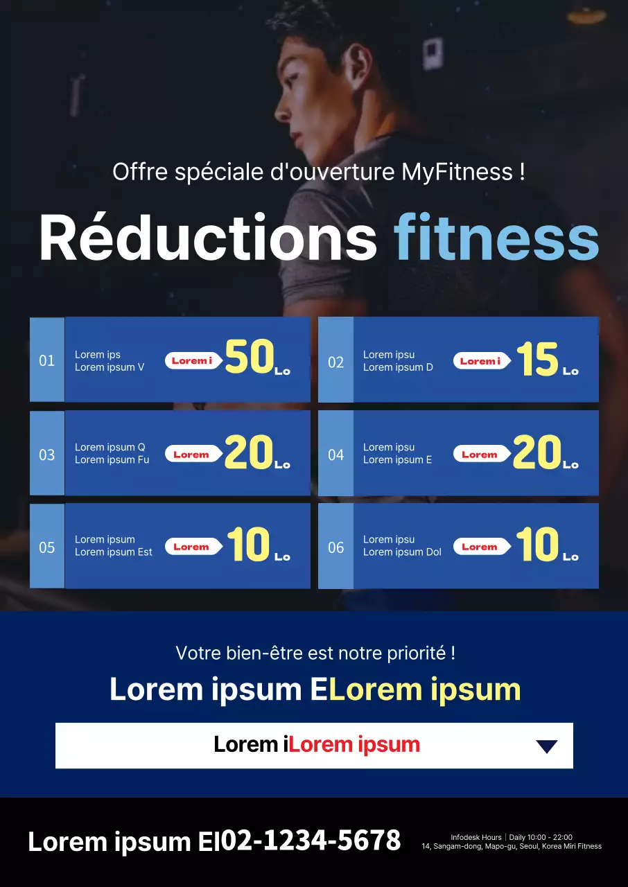 Affiche promotionnelle bleue et rectangulaire sur le fitness
